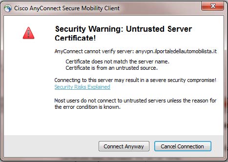 Avviso Connect Anyway Cisco AnyConnect