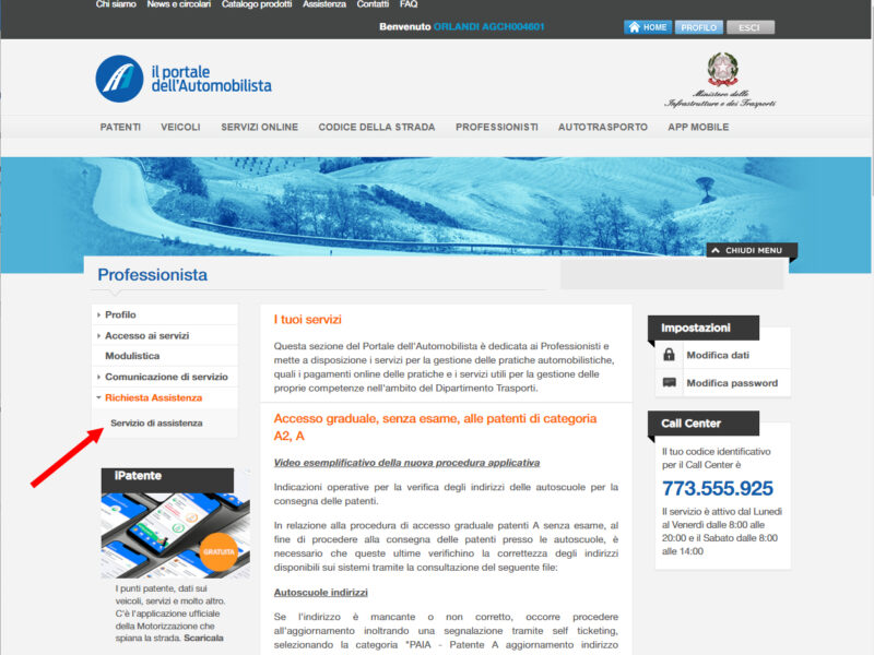 Sezione Assistenza del Portale dell'Automobilista
