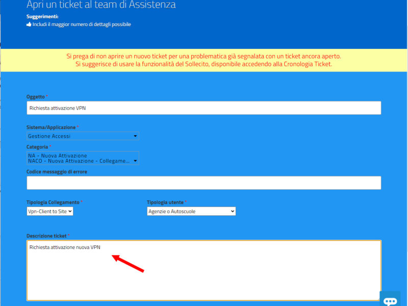 Inserimento informazioni richiesta VPN